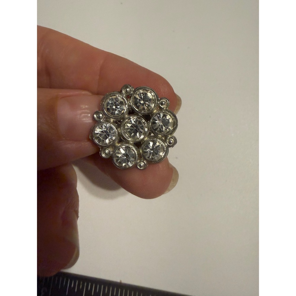 Vintage Silverโ Tone Clear Rhinestone Cluster Lapel Pin Floral Sunburst Brooch
